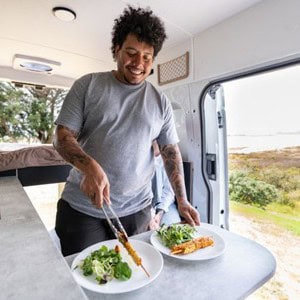 Mighty Highball Campervan – 2 Berth NZ Interior Kitchen Counter Cooking