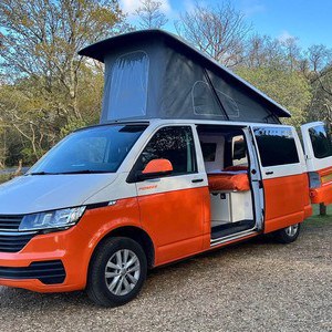 SP Cosmo VW 3 Berth NZ Exterior Campsite Pop Top And Side Door Open